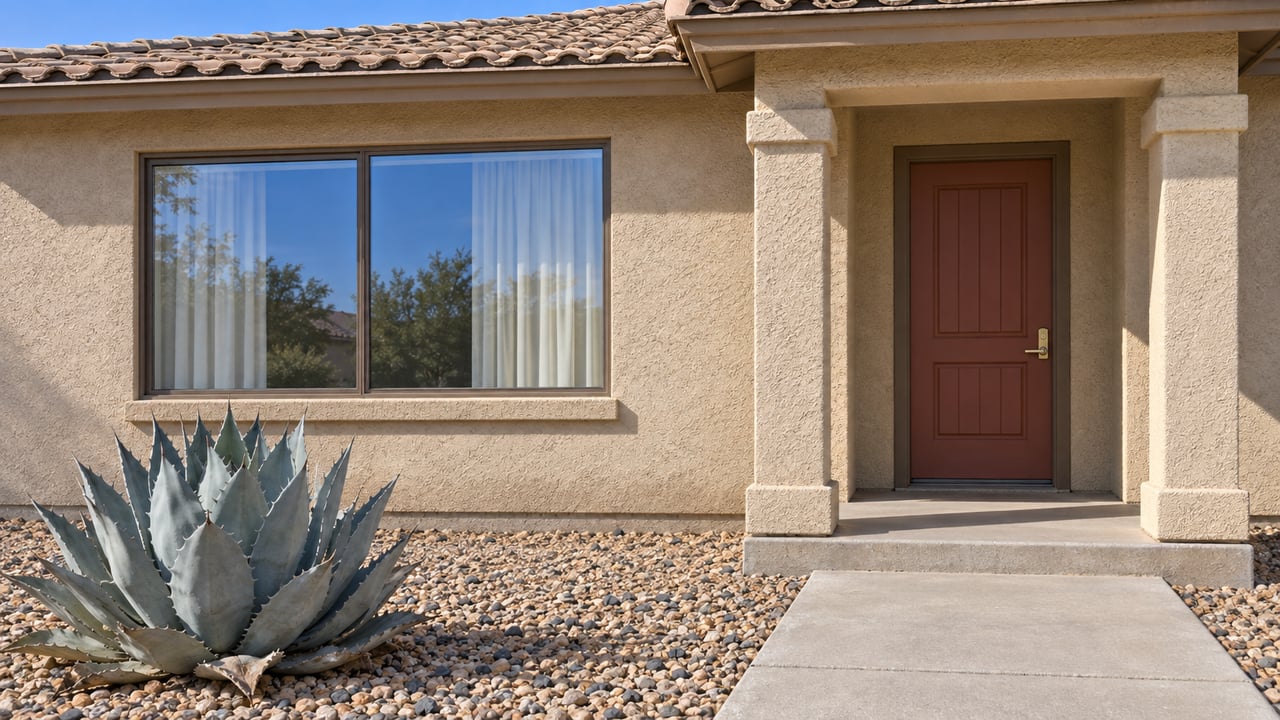 Sunlit sand-colored stucco home with buff roof tiles, a bronze-framed window, recessed red entry door and a blue-gray agave beside the concrete approach.