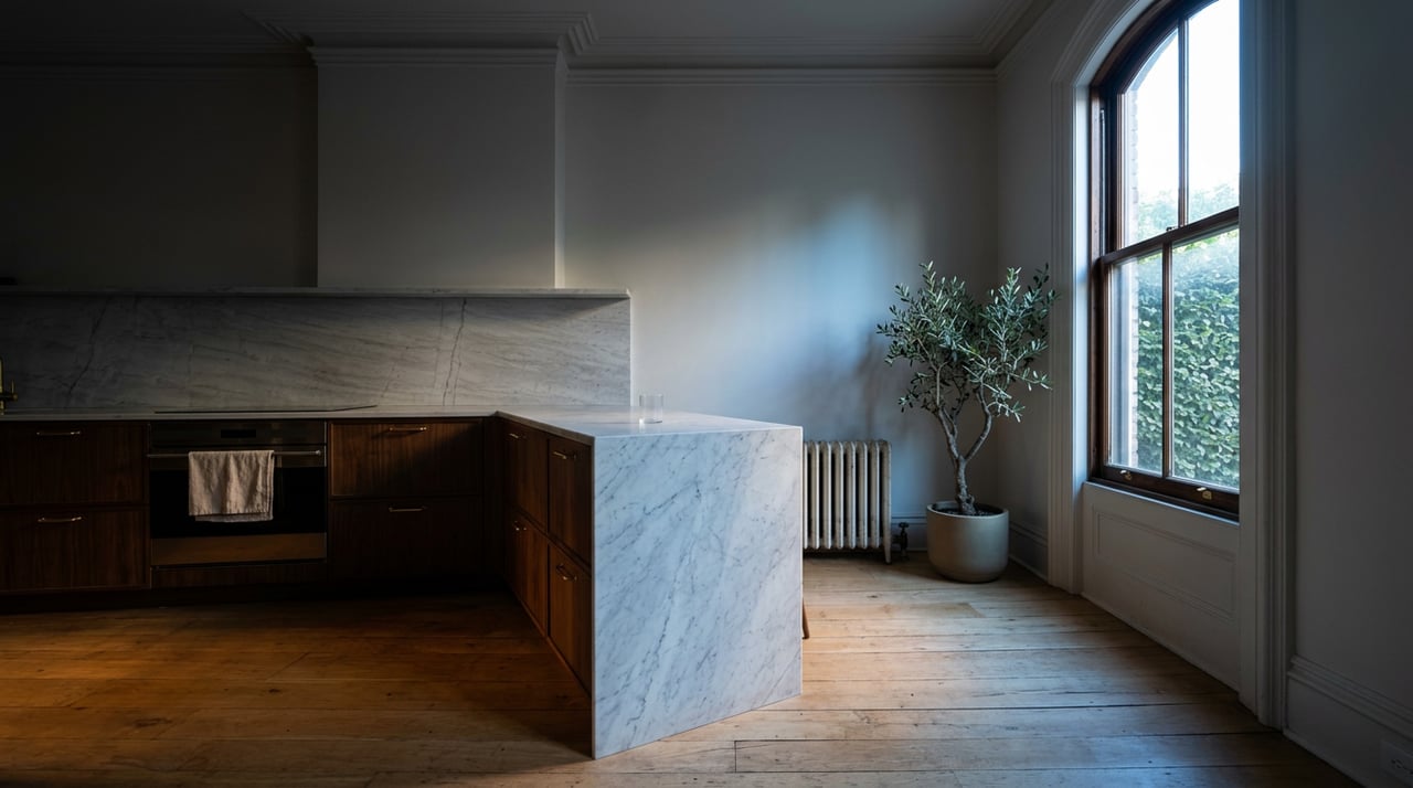 Marble kitchen island beneath an arched window, with dark walnut cabinets, oak floors, and a potted olive tree.