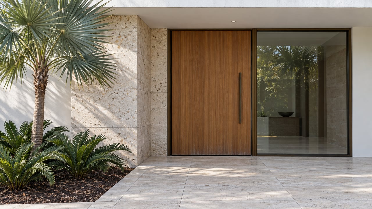 Modern home entrance with a tall wood door, glass sidelight, pale stone facade, and tropical landscaping.