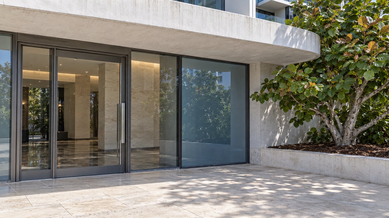 Modern building entrance with glass doors, pale stone facade, and a raised planter with a leafy tree.
