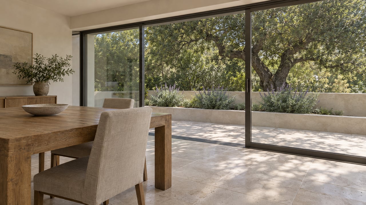 Dining room with an oak table beside charcoal-framed glass sliders, overlooking a terrace and mature oak tree.