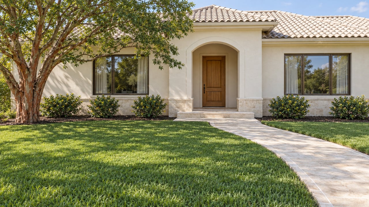 An ivory stucco residence with a pale tiled roof, recessed timber entrance and limestone walk beyond a deep green lawn.