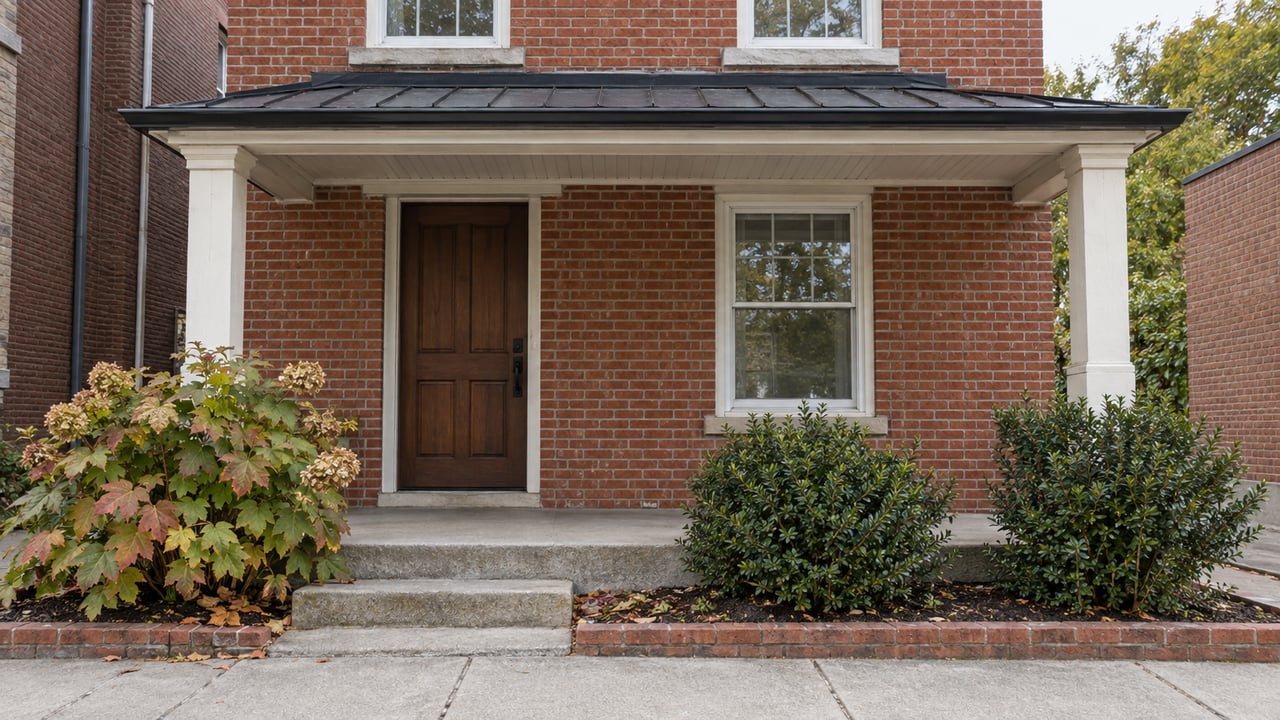 Older attached brick home with a small covered porch, concrete steps, hydrangea, and two shrubs beside the sidewalk.