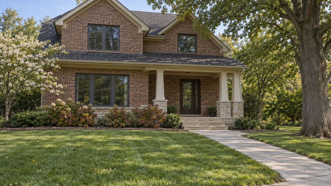 Brick two-story home with a covered stone porch, deep front lawn, mature white oak, and oakleaf hydrangeas in early autumn light.
