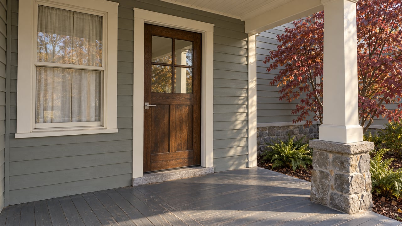 Sunlit covered porch with gray-green wood siding, a glazed oak entry door, worn painted floorboards and autumn dogwood leaves.
