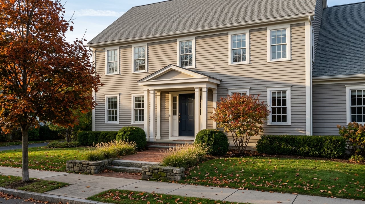 Traditional two-story home with a covered entry, brick path, fieldstone wall, and orange-red autumn maple.