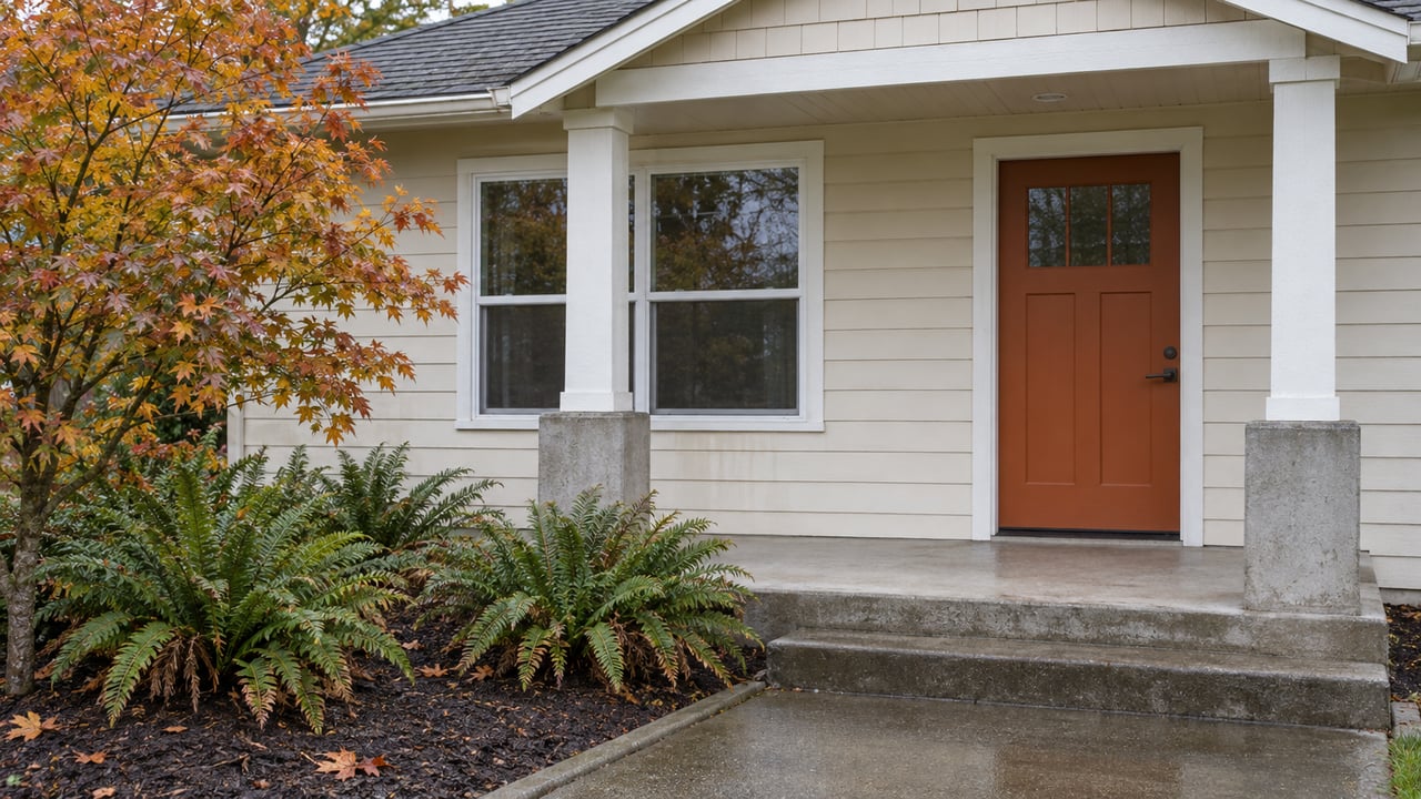 Cream-sided bungalow entrance with an orange door, covered concrete porch, damp steps, autumn vine maple and sword ferns.