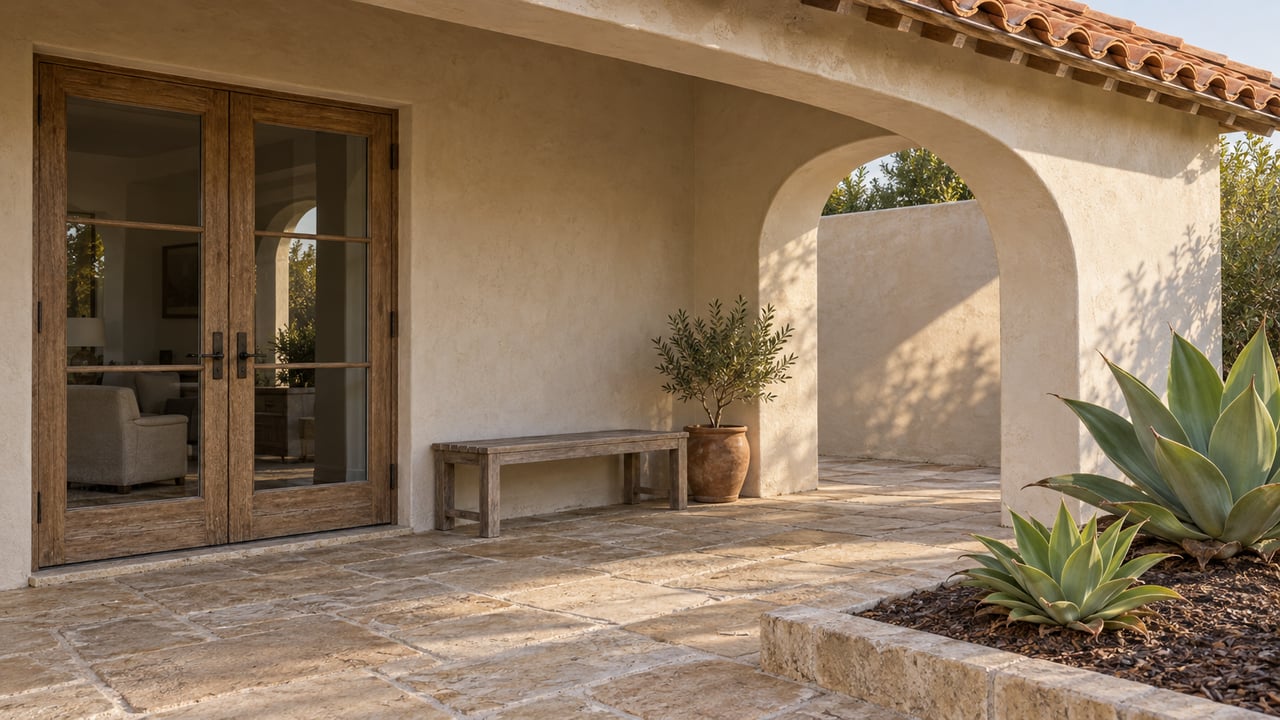 Warm sunlight falls across a cream-stucco covered terrace with clay roof tiles, closed timber French doors, sandstone paving and two sculptural agaves.