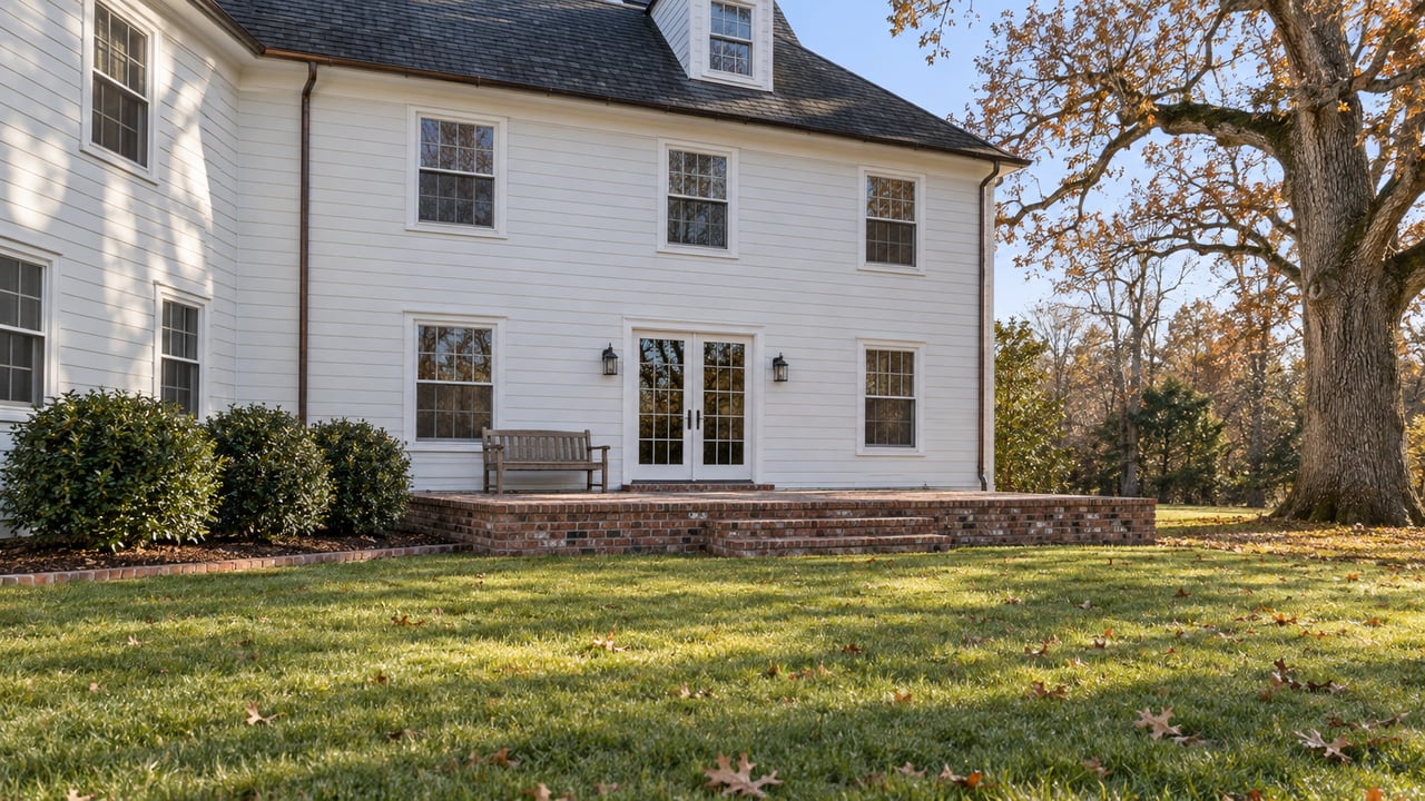 White clapboard home with a raised brick terrace, silvered teak bench and mature oak beside a broad autumn lawn.
