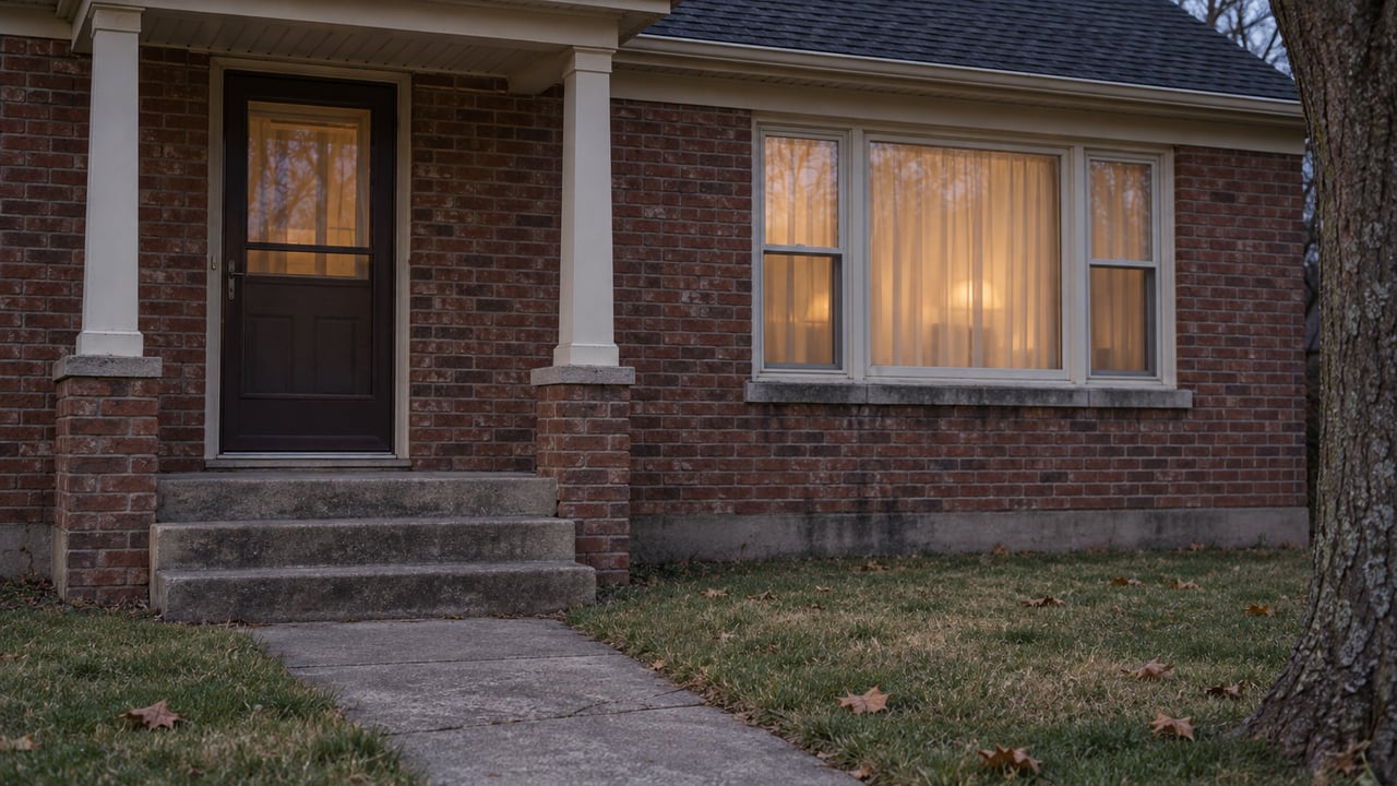 A modest red-brick bungalow entry and warmly lit living-room window at dusk, with worn concrete steps and a late-autumn lawn.