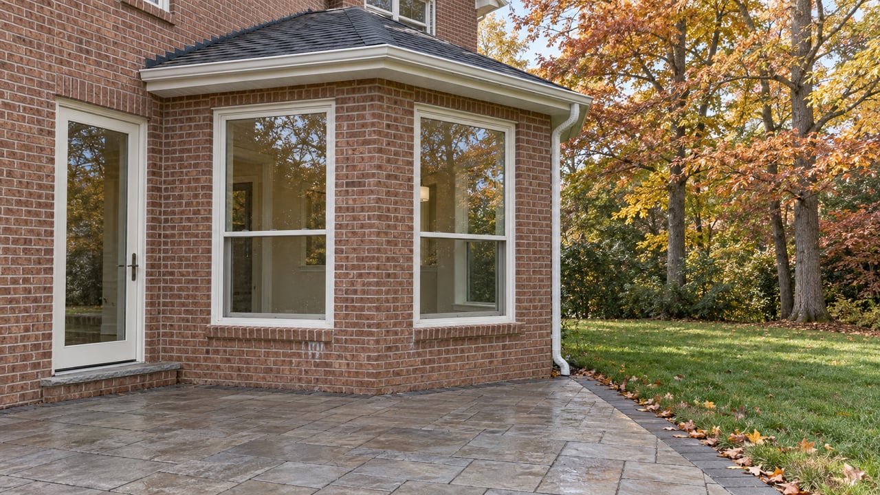 Brick home's glazed rear breakfast-room corner beside a rain-darkened paver terrace, lawn, and mature autumn trees.