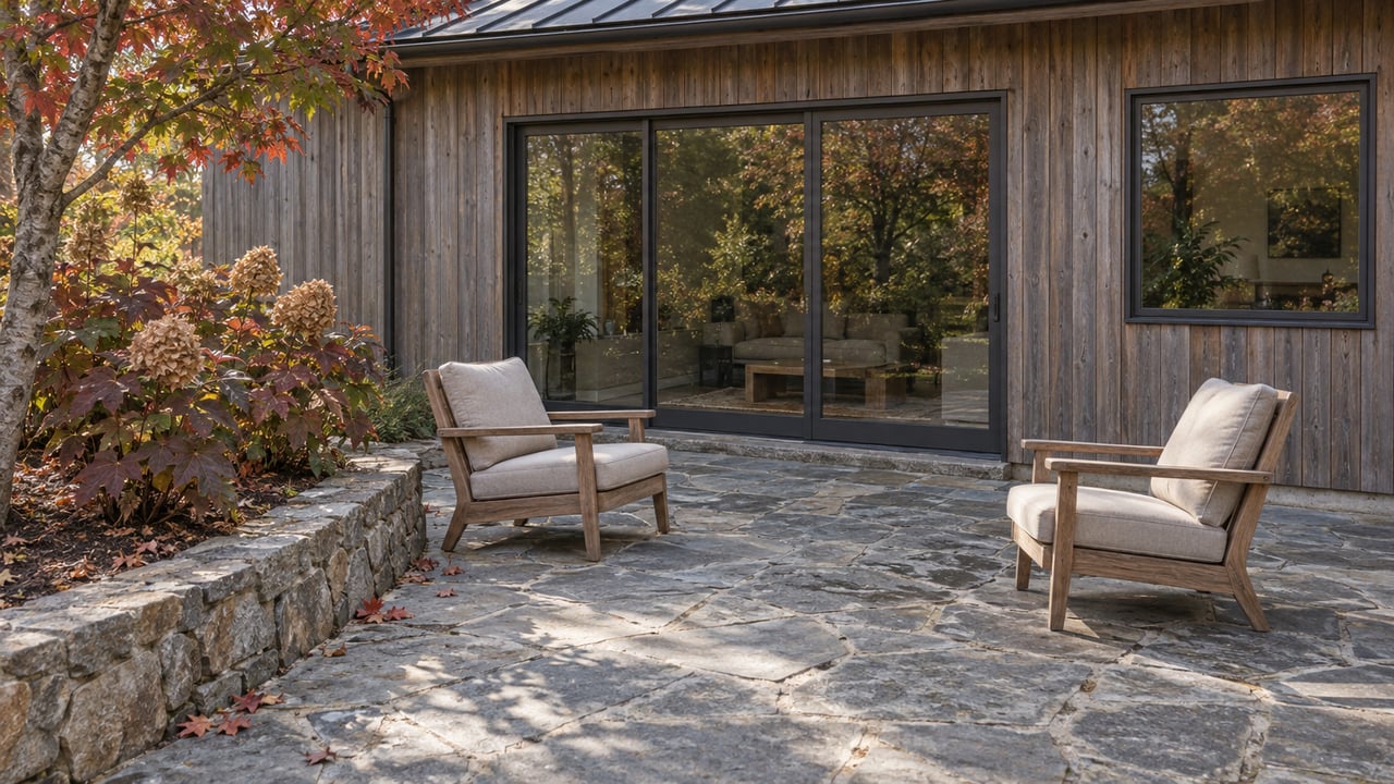 Weathered cedar home with glazed doors, a gray stone terrace, two teak chairs, and muted autumn maple and oakleaf hydrangea foliage.