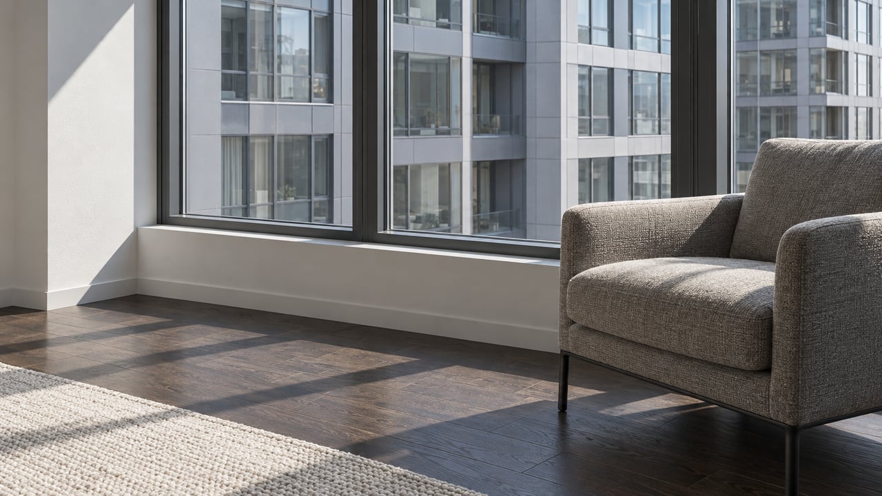 Bright condominium living-room corner with charcoal window frames, dark oak flooring and a gray wool armchair overlooking a neighboring glass facade.