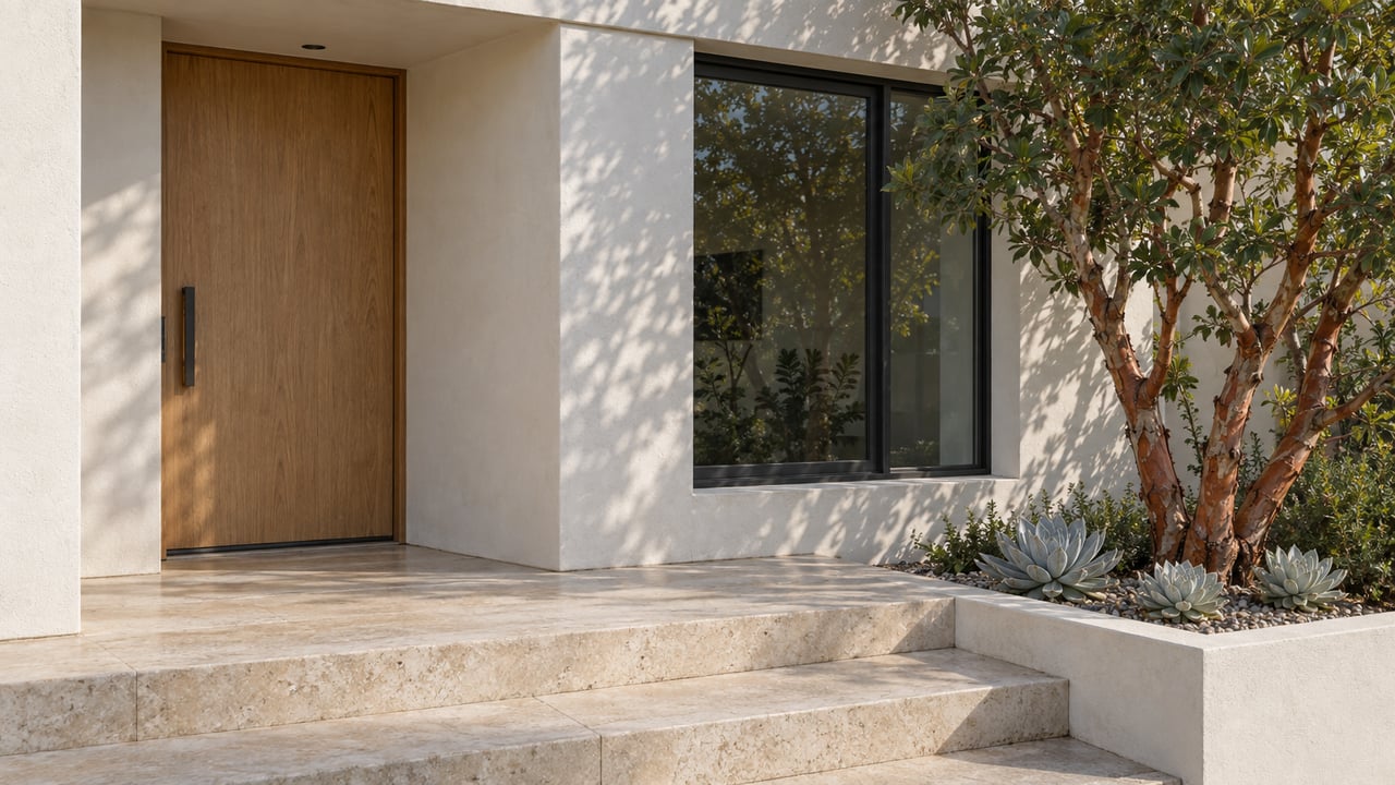 Warm-white stucco home with a recessed oak front door, dark-framed window, limestone steps and a sculptural strawberry tree.