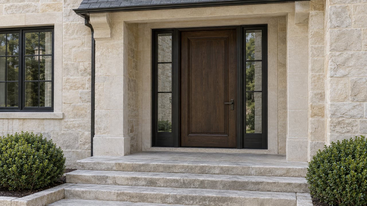 Limestone entry with dark oak door, matching glass sidelights, worn stone steps, and paired boxwood shrubs.