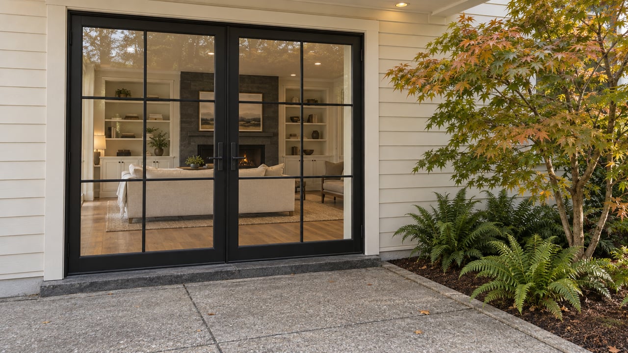 Closed black-framed glazed doors reveal an oak-floored living room from a concrete terrace beside a vine maple and sword ferns.