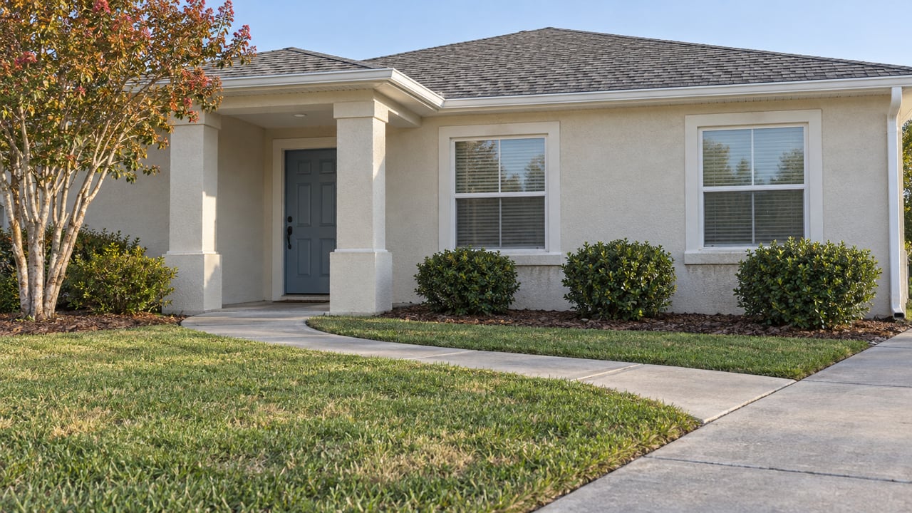 Single-story ivory stucco home with a blue front door, curved concrete walk, and a sunlit front lawn.