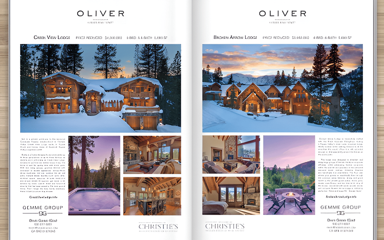 Snow-covered mountain home with warm-lit timber exterior, furnished interiors, and a hot tub.