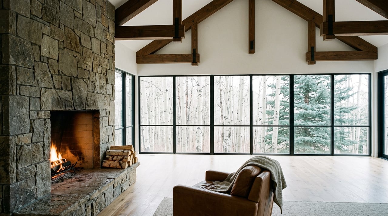 Vaulted great room with a full-height stone fireplace, leather armchair, and timber trusses beside tall windows.