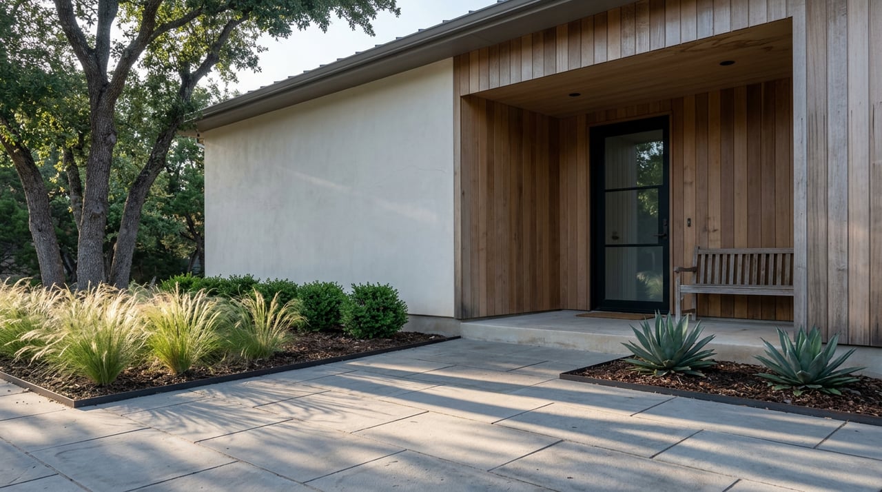 House corner with off-white plaster, cedar siding, black-framed glass door, limestone pavers, and an edged garden bed.