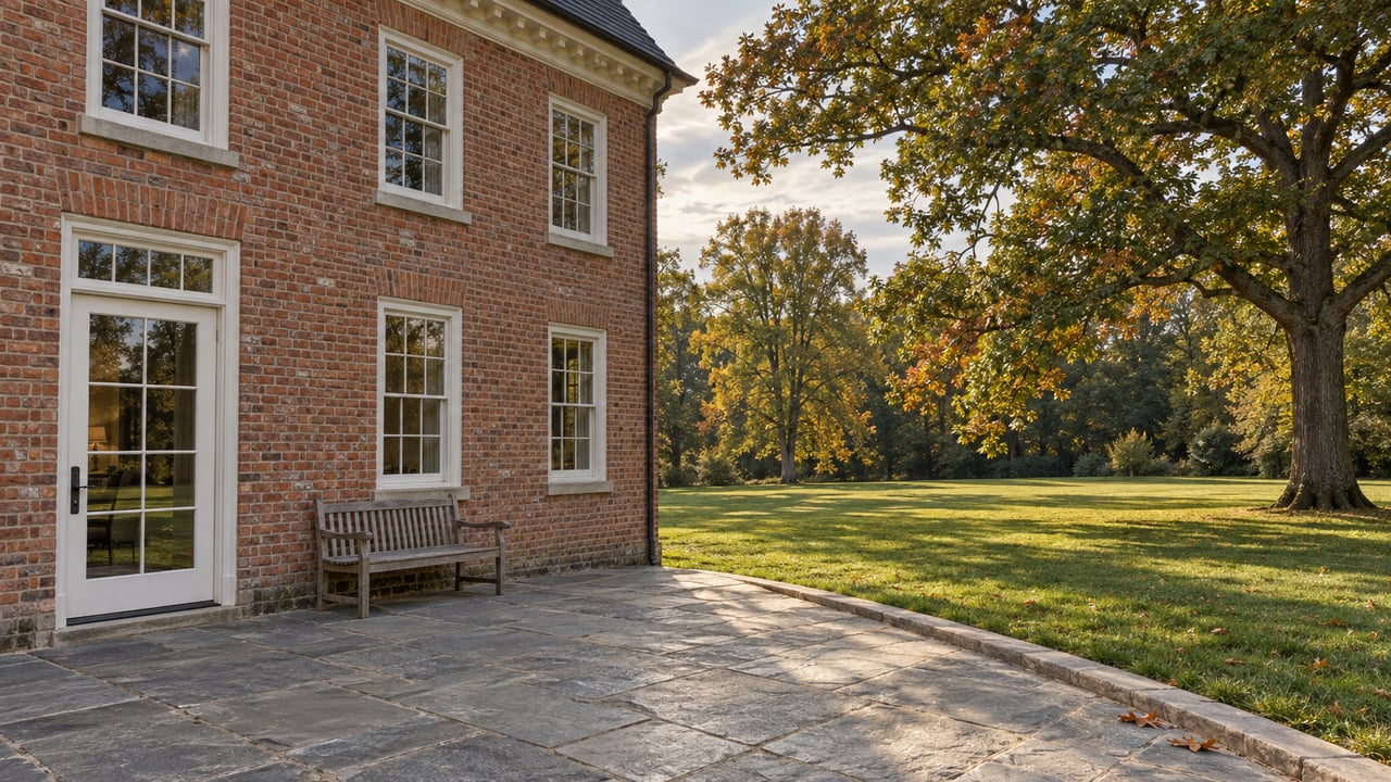 Red-brick estate home with white sash windows, a fieldstone terrace and weathered teak bench beside a broad autumn lawn and mature oak.