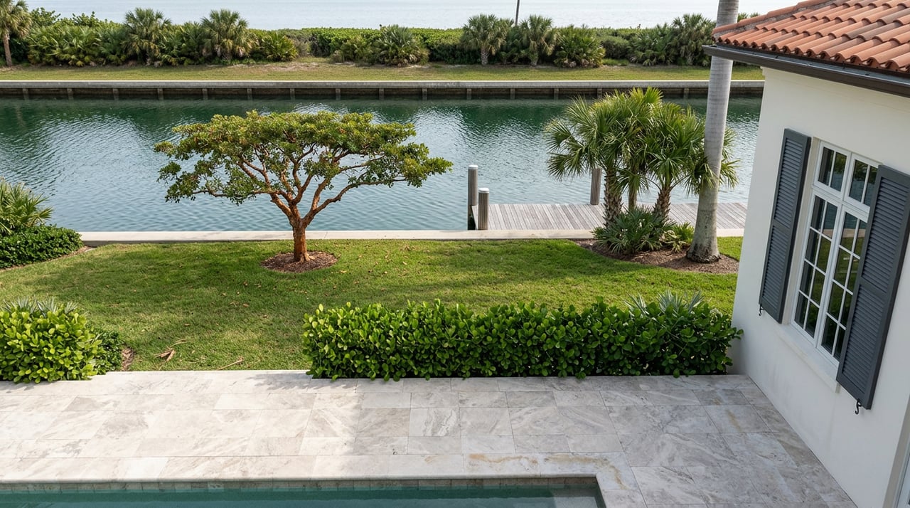 Canal-side estate with a coral-stone pool terrace, lawn, broad-canopied tree, and palms along the seawall.