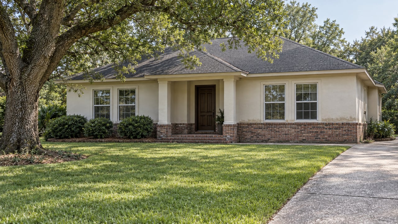 Ivory stucco home with a charcoal hip roof, brick porch and broad front lawn beneath a mature live oak.