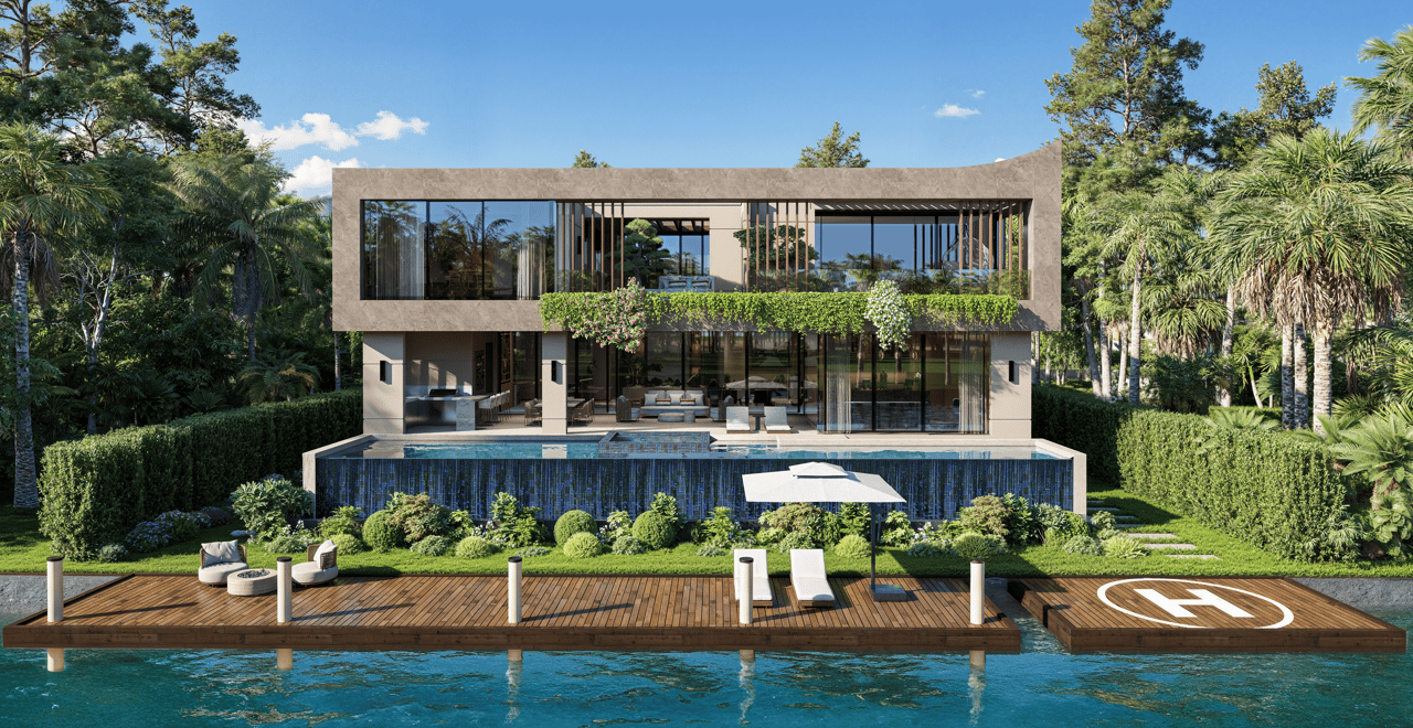 Modern waterfront home with a pool and dock featuring a helipad marking.