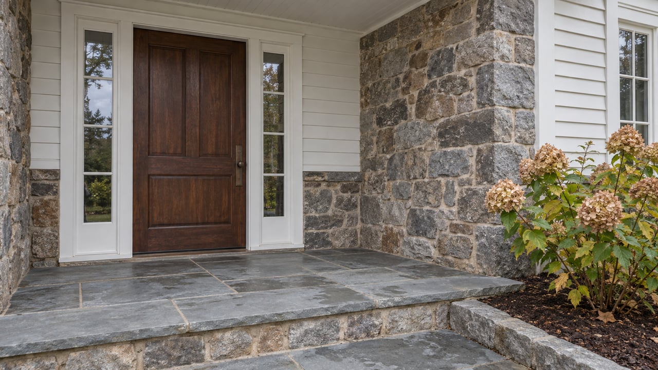 Covered front entry with a walnut door, paired sidelights, fieldstone walls and bluestone steps beside a hydrangea with tawny autumn flower heads.
