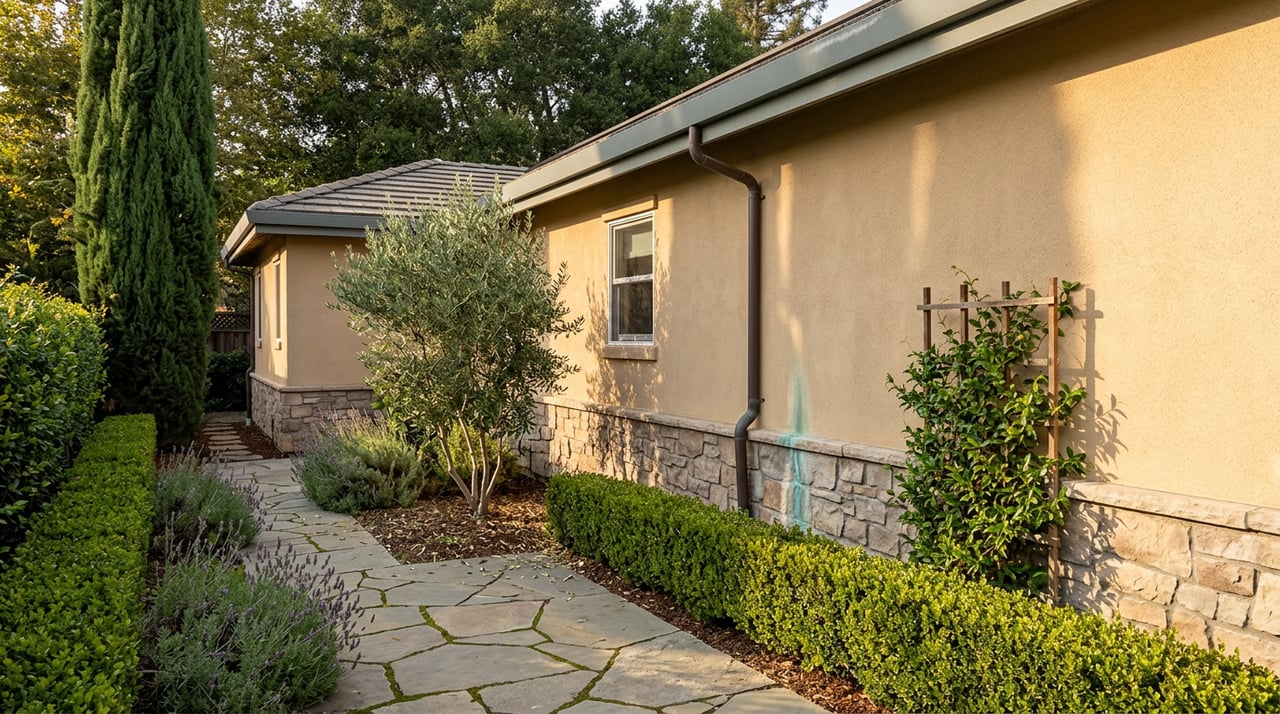 Flagstone side-yard path beside a stucco-and-stone home, bordered by lavender and a clipped hedge.