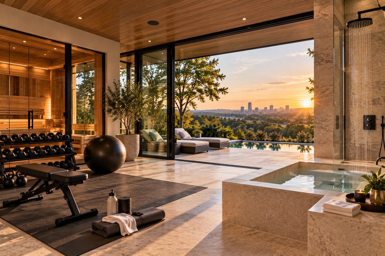 Luxury home wellness space featuring a private gym, sauna, spa-style soaking tub, rainfall shower, and pool, showcasing wellness features sought by today’s luxury home buyers.