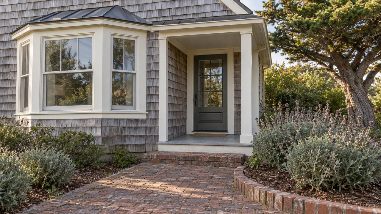 Sunlit cedar-shingled cottage with a glazed bay, recessed porch, brick path and sculptural cypress beside a small sage bed.