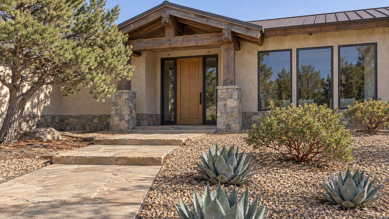 Timber-gabled stucco home with stone porch piers, dark-framed windows and a flagstone approach through a dryland garden.