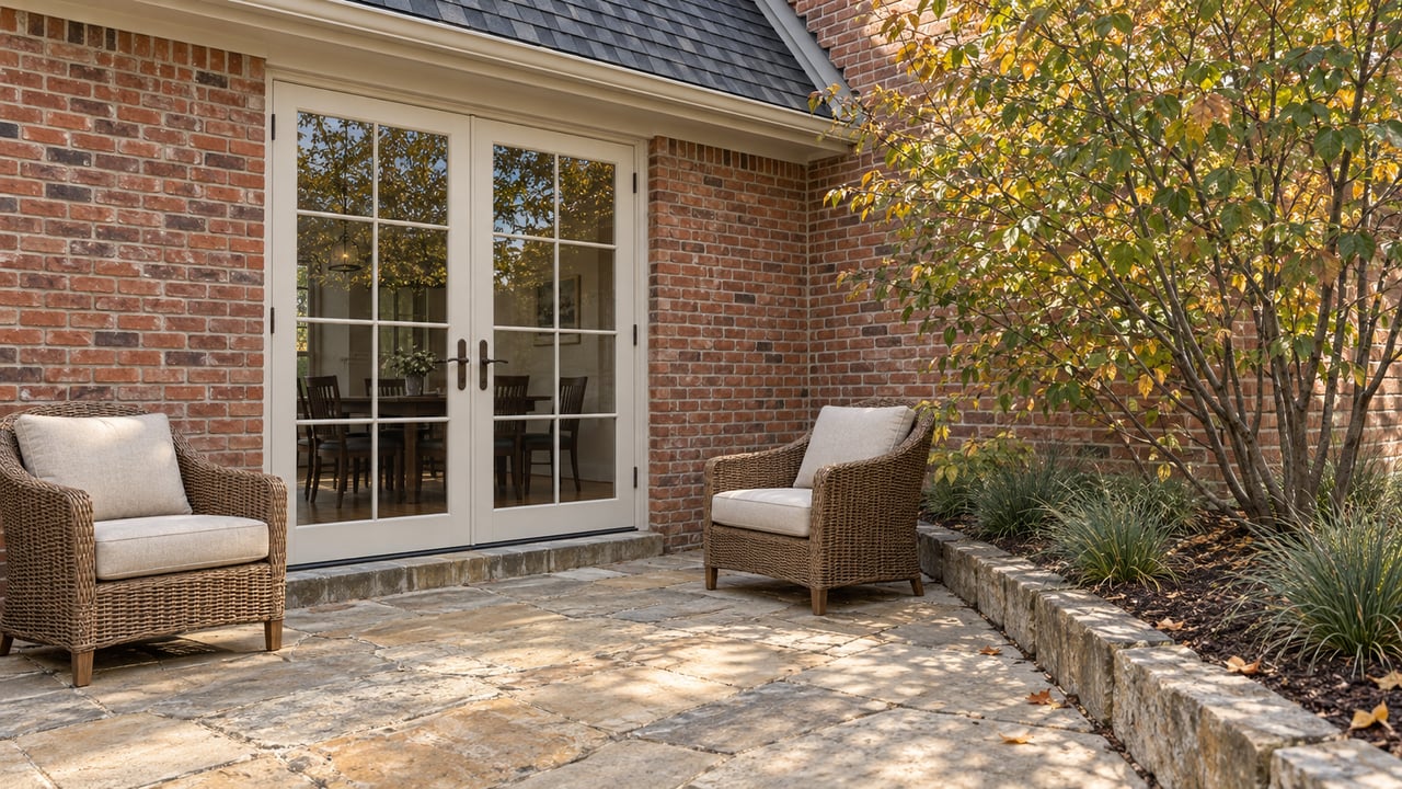 A sunlit sandstone terrace with two woven chairs outside paired cream-framed glass doors in a warm brick bungalow, with autumn serviceberry foliage beside a raised stone planting border.