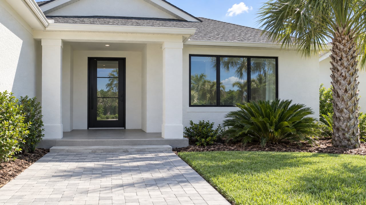 White stucco home with a recessed covered entry, black-framed glazing, gray paver approach and a mature palm.