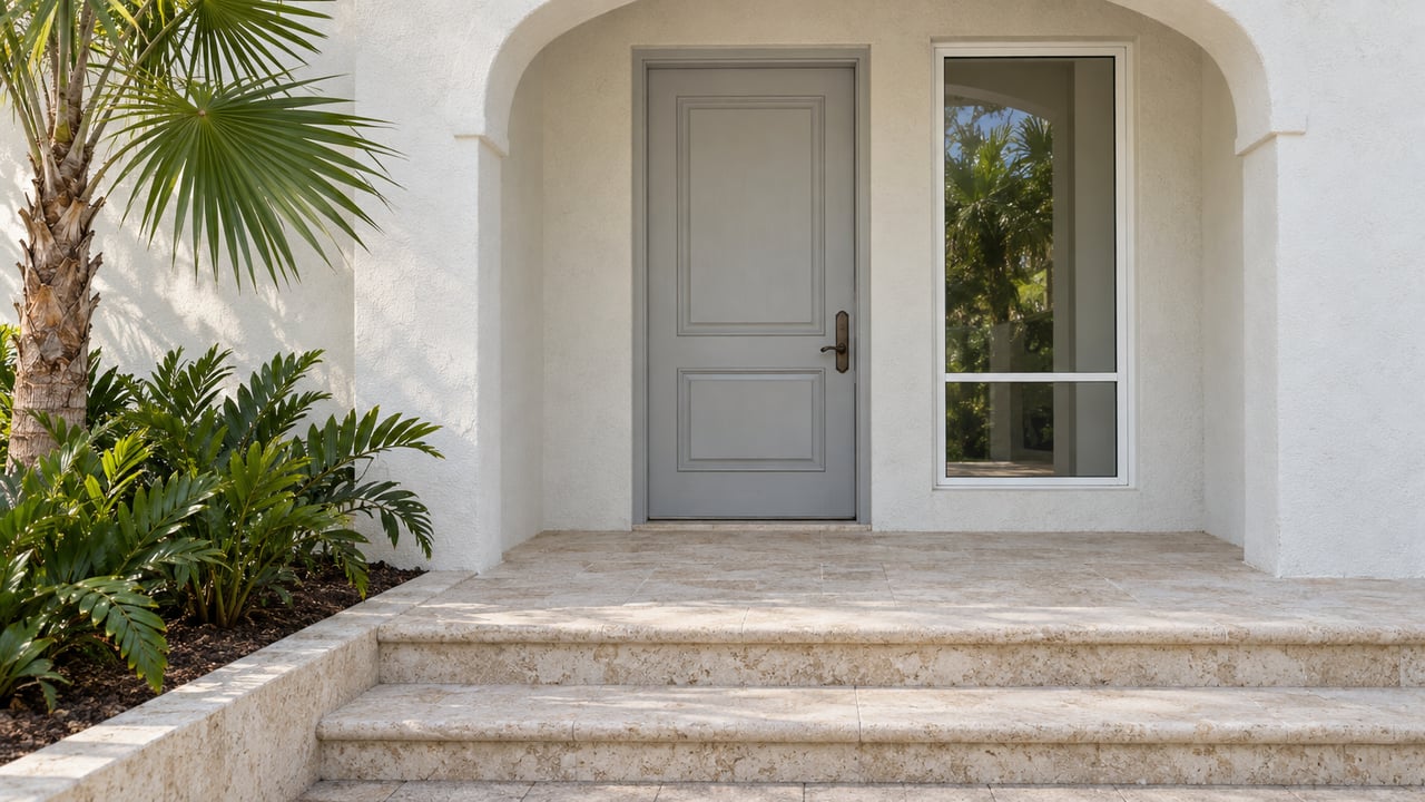 Sheltered white stucco entry with a pale-gray door, limestone steps, and a fan palm beside a raised planting bed.