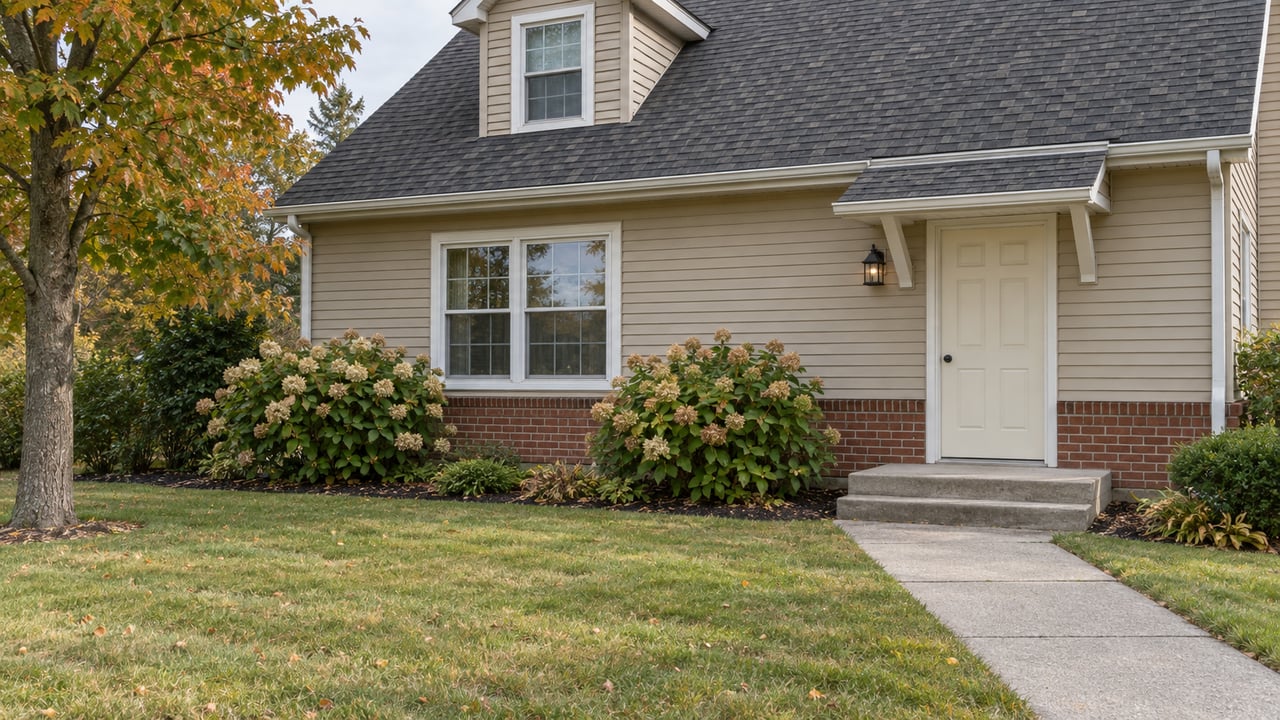 Beige-sided house with a steep shingled roof, white-trimmed windows, concrete entry steps and a lawn edged by hydrangeas and an autumn sugar maple.