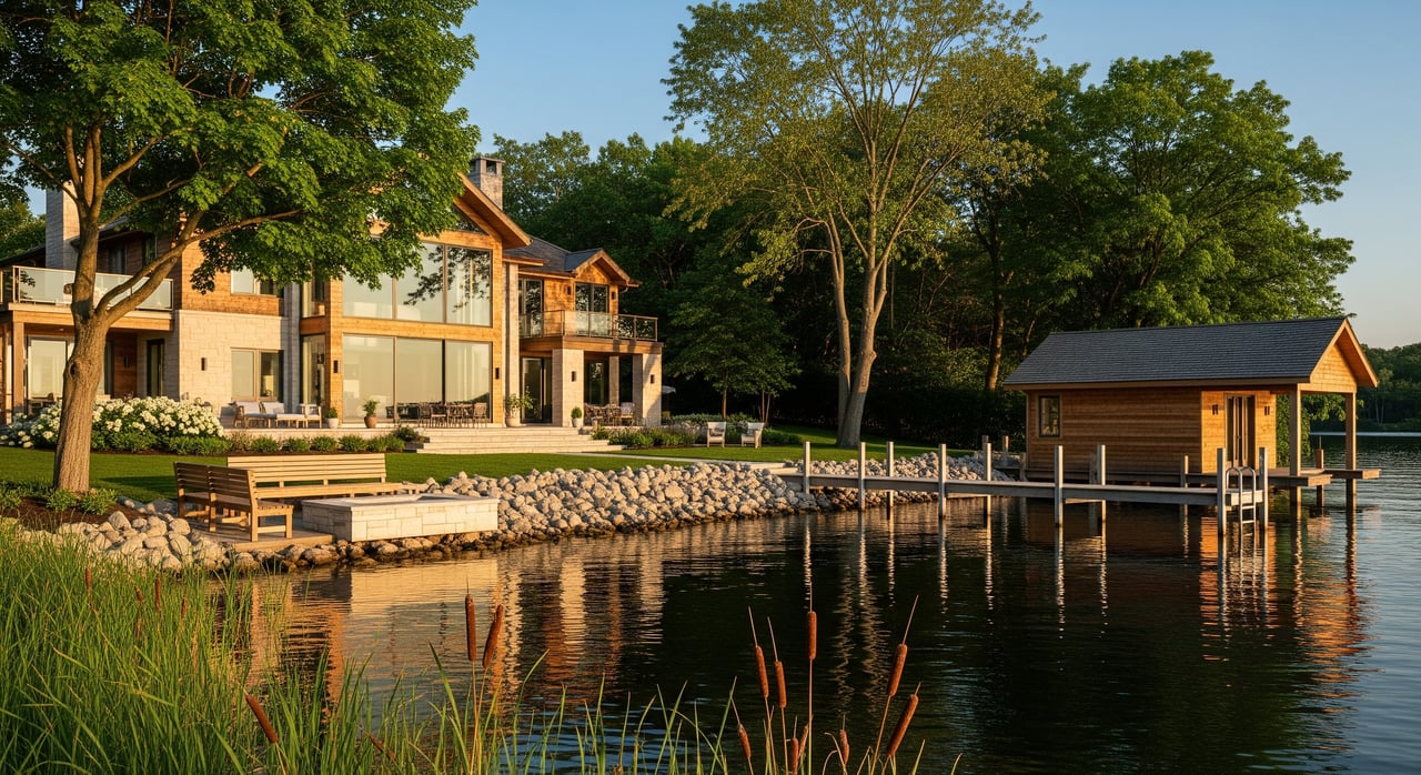 Modern lakeside home and wooden boathouse beside a dock, reflected in calm water.