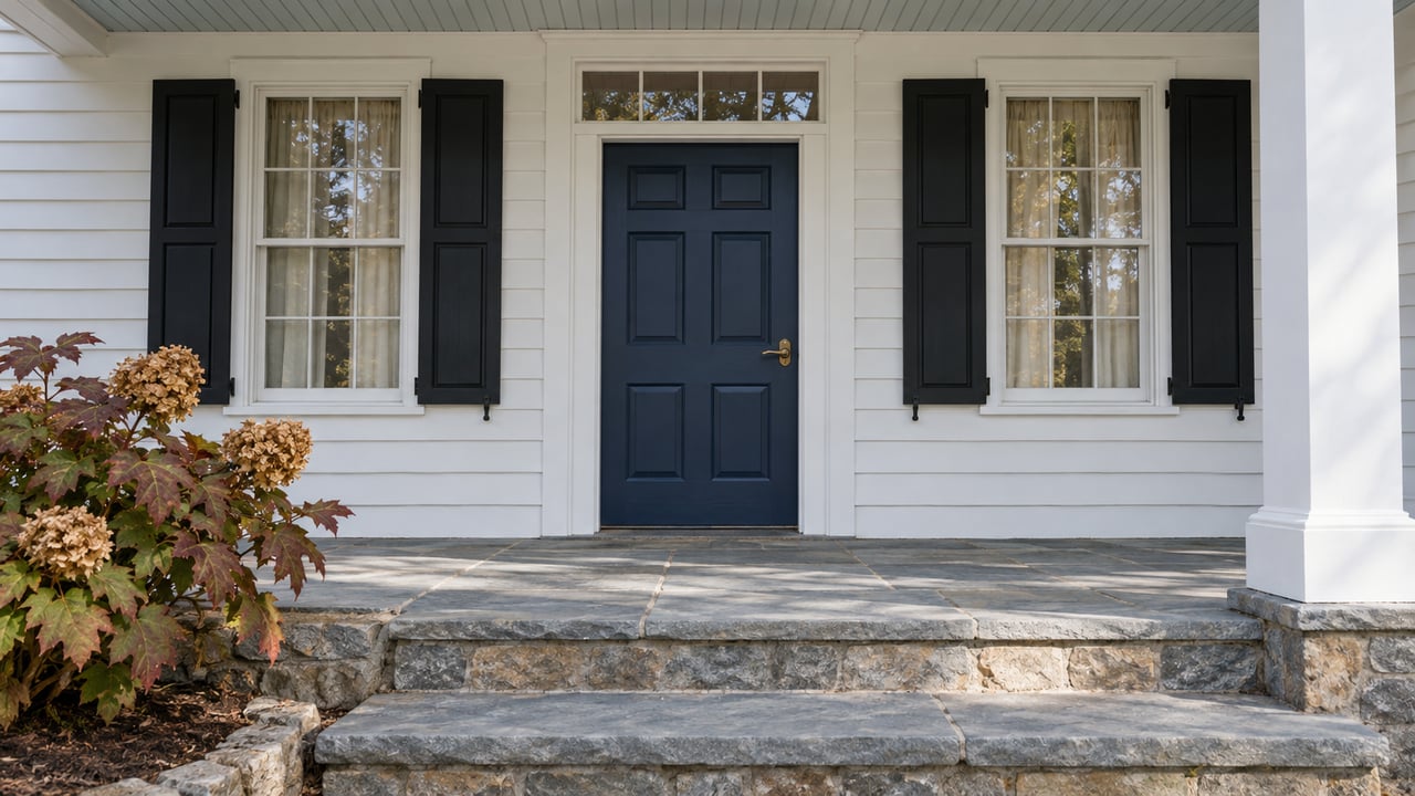 Blue front door and shuttered windows beneath a white clapboard porch, with worn bluestone steps and autumn oakleaf hydrangea.