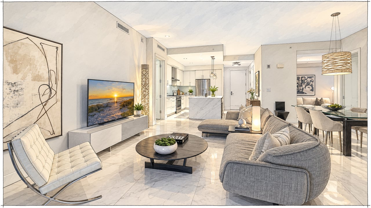Open-plan condo living room with a curved gray sofa, marble-look floors, and kitchen island.