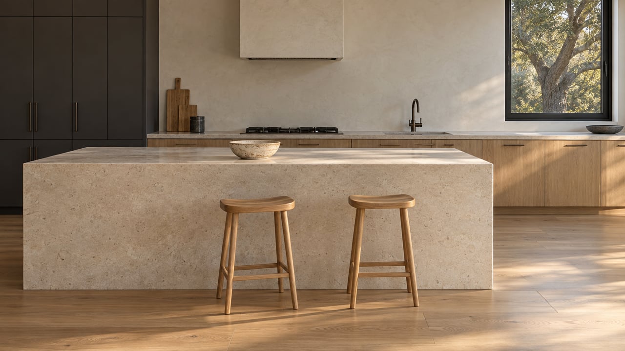Limestone kitchen island with oak stools and ceramic bowl, beside a window framing a mature oak tree.
