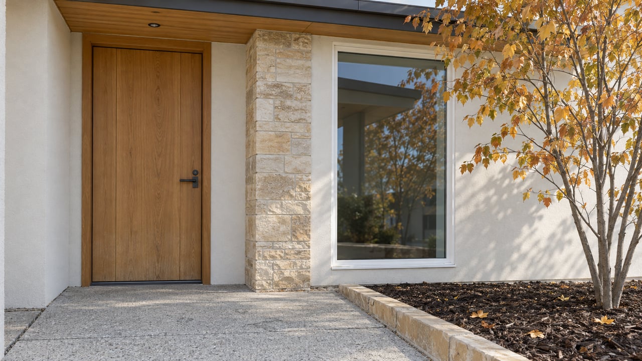 Contemporary home's oak entry door, sandstone pier and tall white-trimmed window beside an autumn serviceberry and concrete walk.