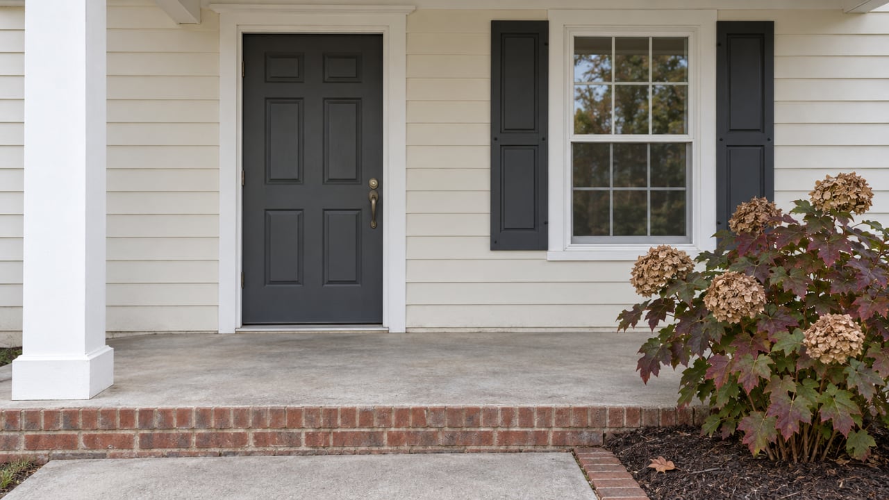 Cream-sided front porch with a charcoal door, white-trimmed window, brick step and autumn oakleaf hydrangea.