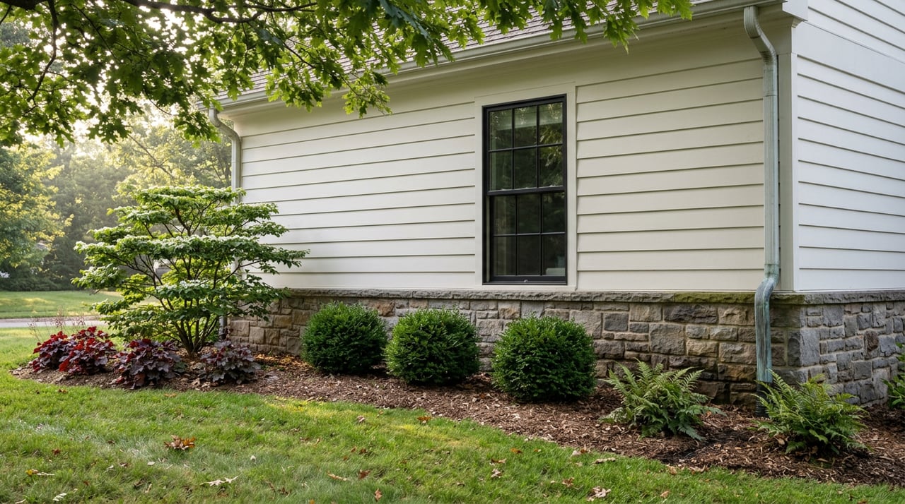 Home's fieldstone foundation, white clapboard, black divided-light window, and shaded ferns.