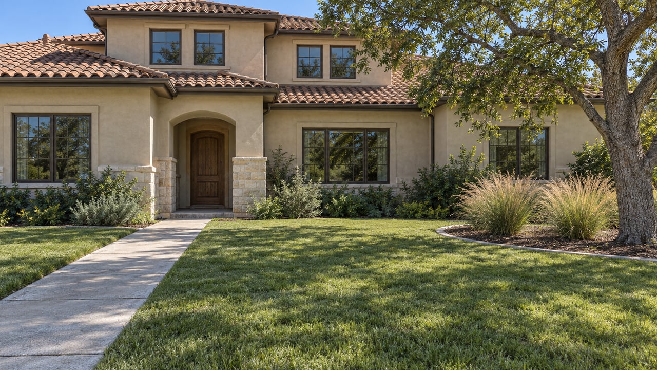 Sunlit two-story stucco home with terracotta roofing, a deep front lawn, an arched oak entry, and a sculptural oak beside a concrete walkway.