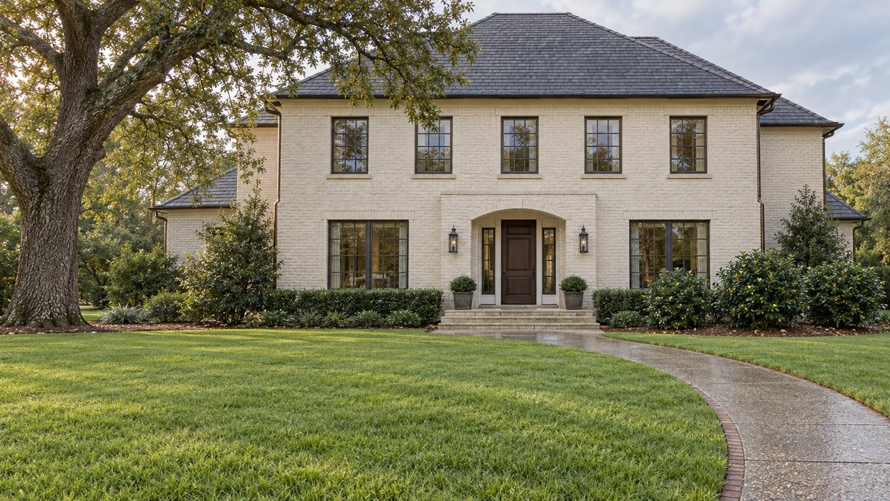 Ivory brick home with a slate roof, arched entry and bronze-framed windows beyond a broad lawn and curved garden walk.
