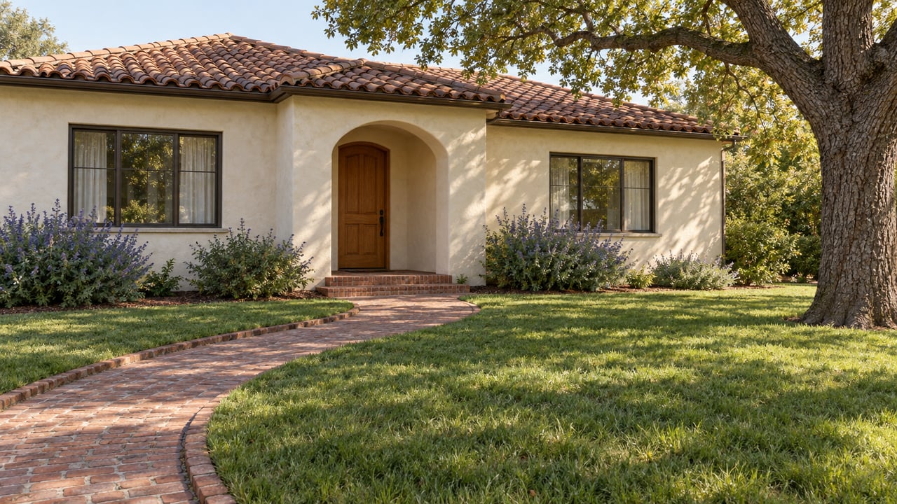 Cream stucco home with a clay tile roof, recessed arched entry and brick walk across a deep lawn beneath a mature oak.