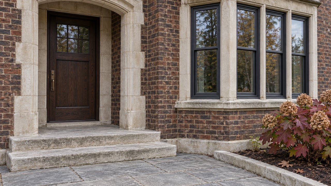 A dark oak entrance and three-part window bay in an aged brick house, with limestone steps and burgundy oakleaf hydrangea.