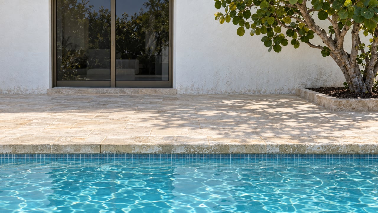 Turquoise pool water beside weathered pale limestone coping and a sunlit white stucco home with closed bronze-framed glass doors and a sea grape tree.
