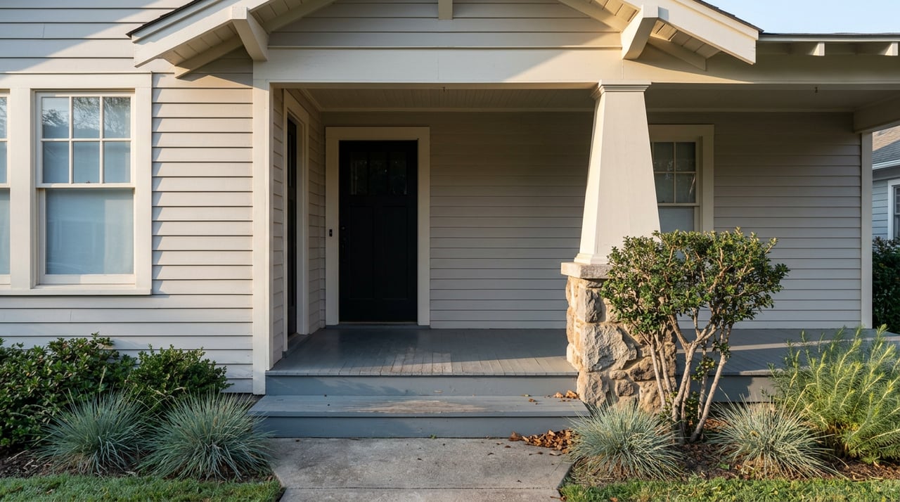 Covered porch with a black entry door, off-white pier on a fieldstone base, and ornamental grasses along the walk.